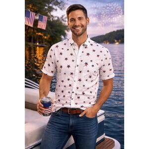 Rugby University Patriotic USA Flag Star Print Button Up Shirt Mens Small NWT
